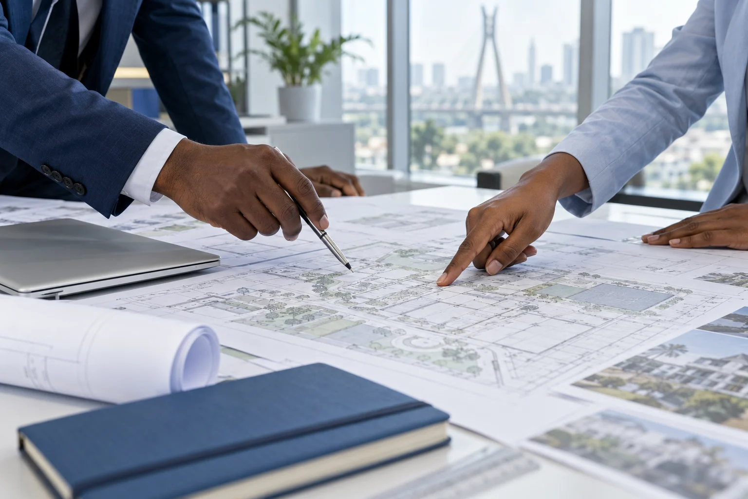 Illustrative project planning scene with professionals reviewing drawings